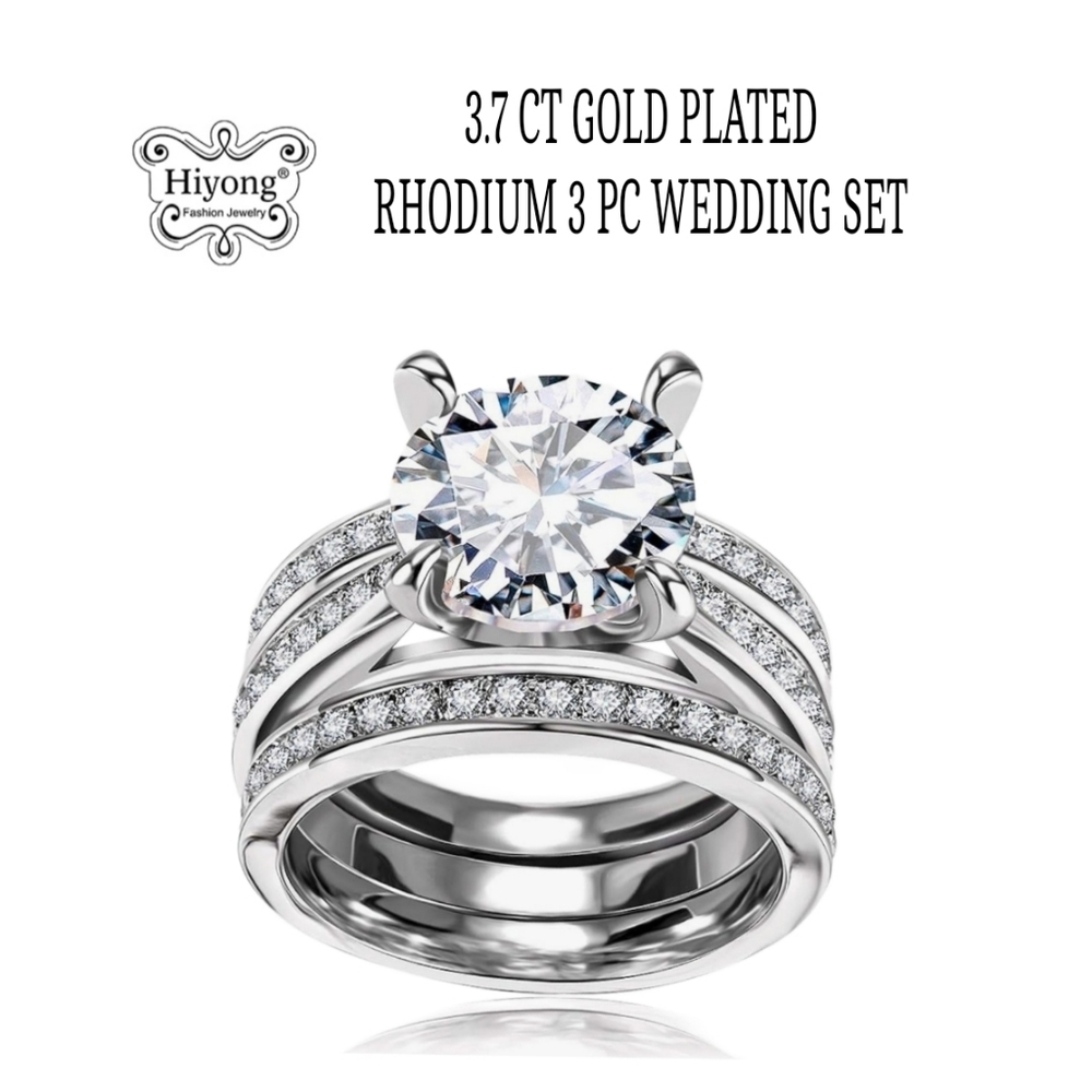 3.7ct Large Round AAA CZ 3pc Gold Plated/Rhodium Engagement Wedding Ring Set